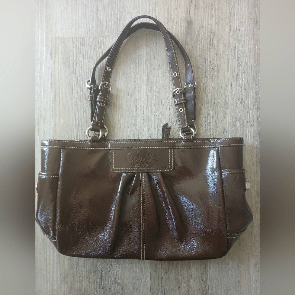 Coach Pleated Patent Leather East West Gallery tote bag, brown (chocolat…